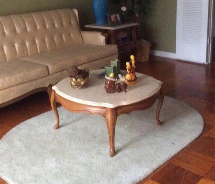 clean sofa with coffee table on rug, candles, knick knacks on table