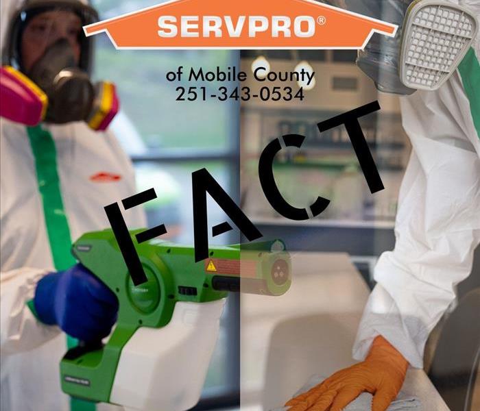 picture split in half, left side is man with fogger in PPE, right side is man in PPE wiping down counter with SERVPRO logo