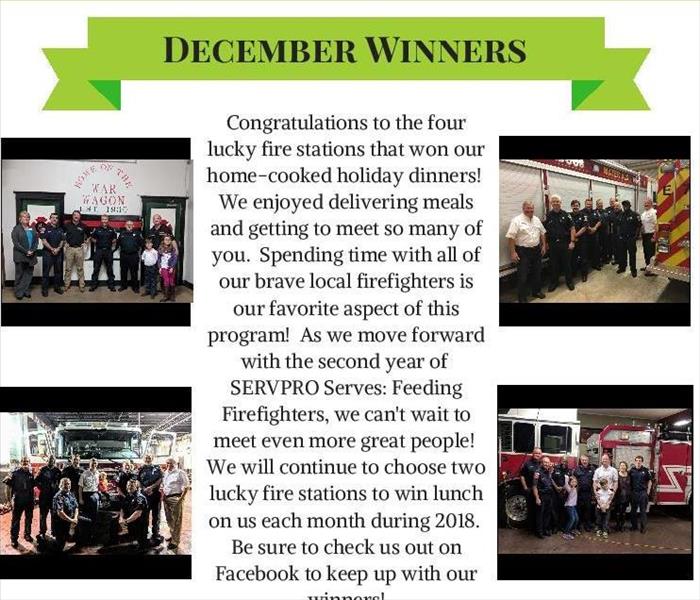 flier that says December Winners in green banner at top with 3 pictures of firefighters and fire trucks